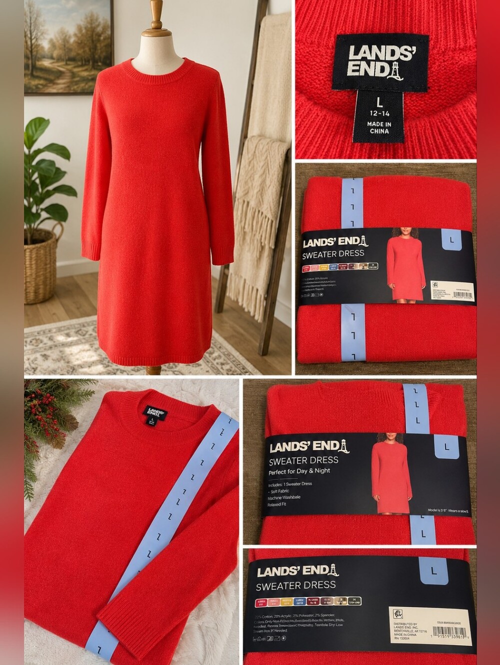 NWT Lands' End Coral Red Sweater Dress Large 12-14 Soft Knit